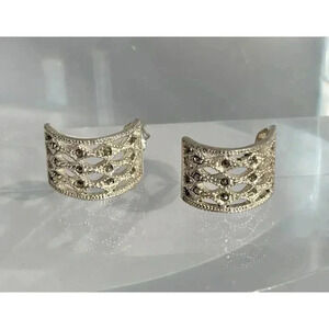 Marcasite Sterling Silver Open Hoop half circle Vintage Earrings